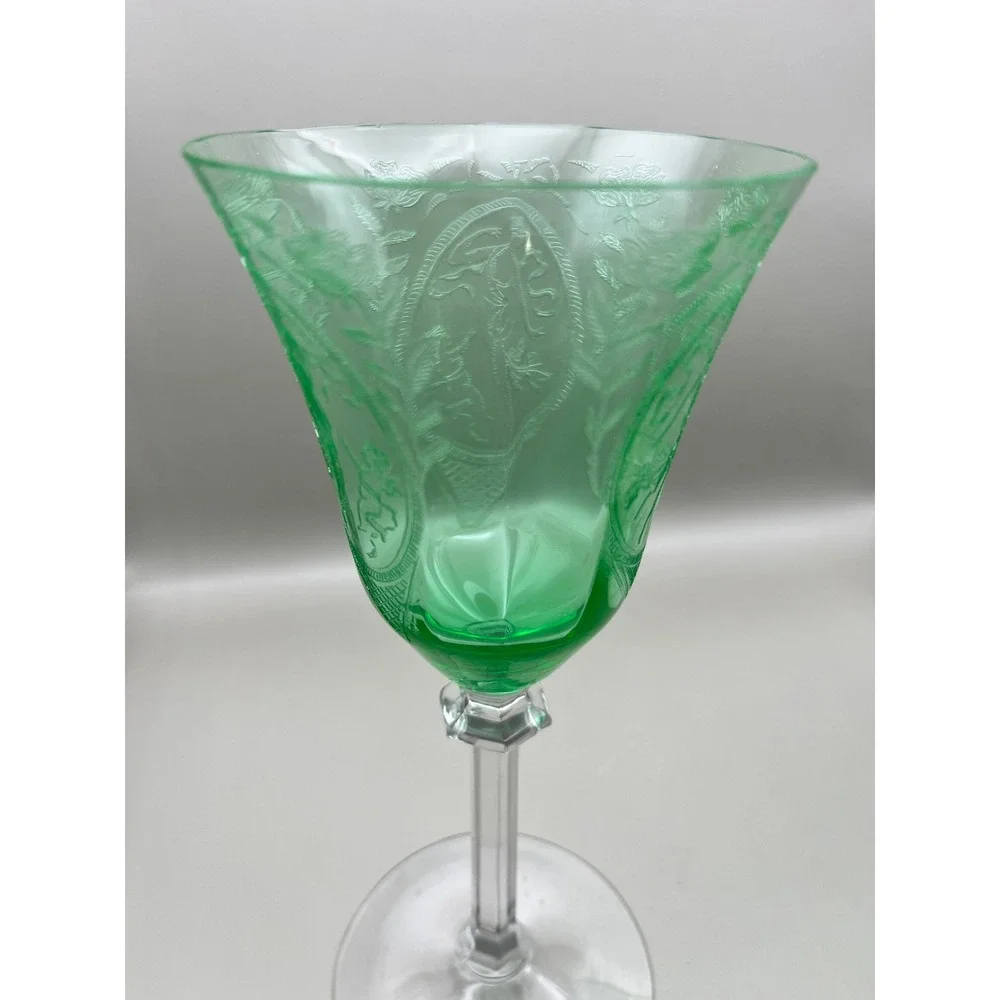 European‎ Uranium Hock Wine Goblets Etched Classic Lady Putto Green Set As Is